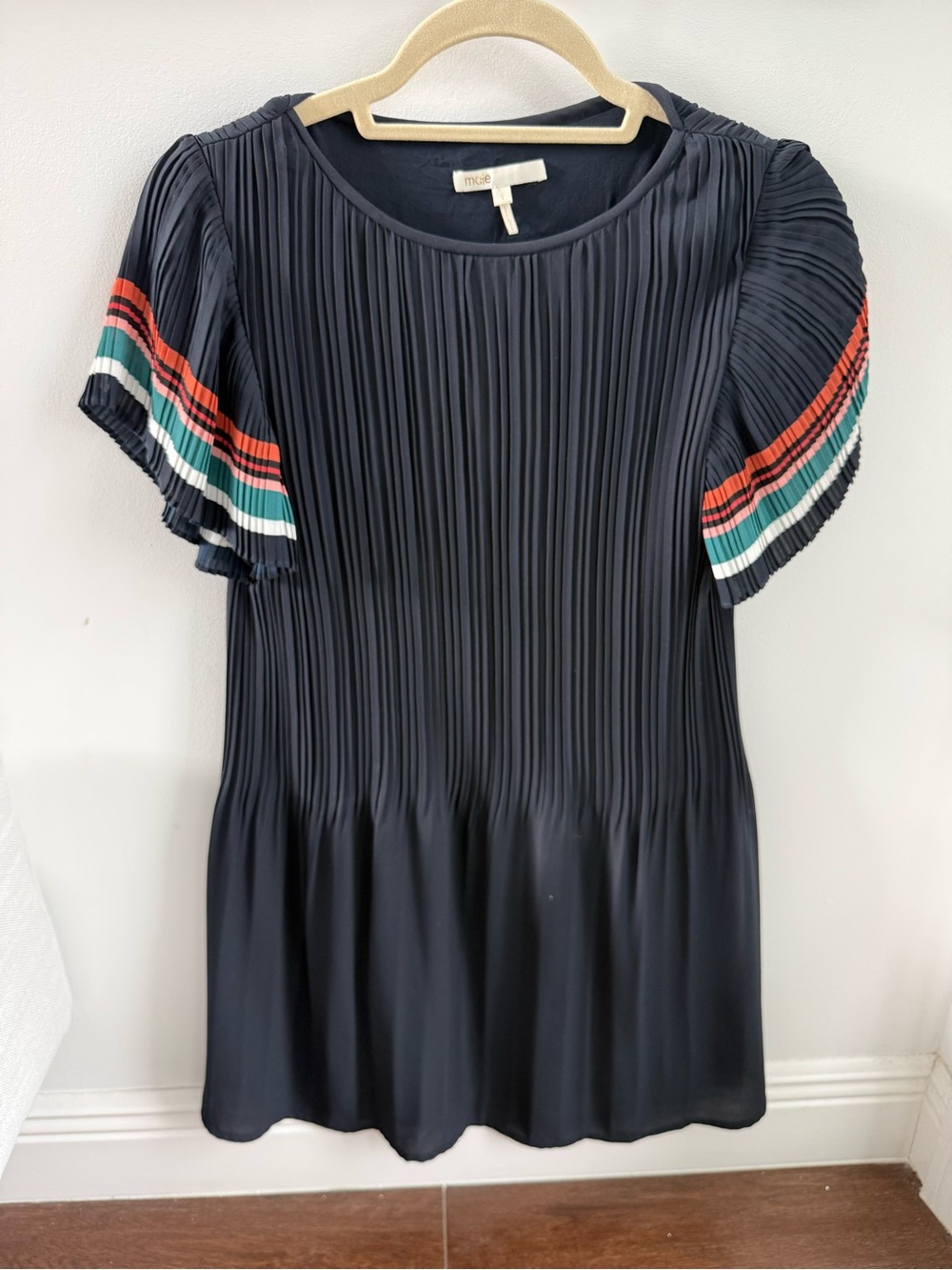 Maje Navy Pleated Short-Sleeve Blouse with Red, Green & White Stripe Accents